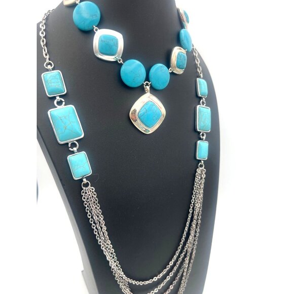 Lauren Michael Layering Necklaces Two with Blue Cabochons Silver Tone Chains - Picture 3 of 7
